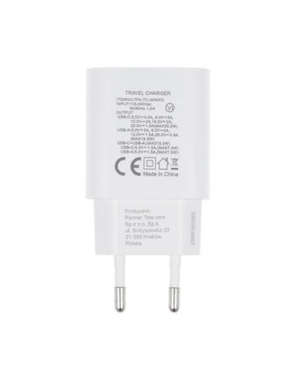 FORCELL F-ENERGY TFK-TC-30WPD ładowarka sieciowa Typ C + USB A PD QC4.0 3A 30W biała