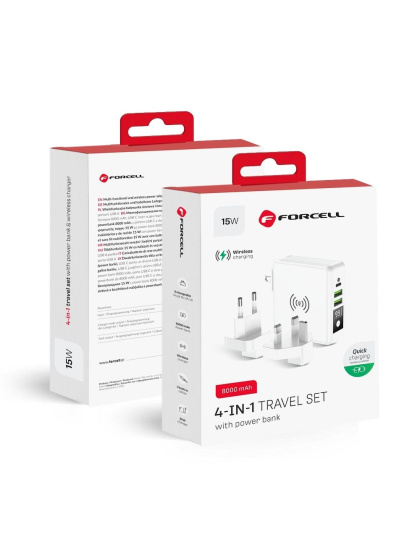 FORCELL F-ENERGY ładowarka wielofunkcyjna 4w1 15W ze złączami USB/USB typ C, power bankiem 8000mAh i ładowaniem bezprzewodowym