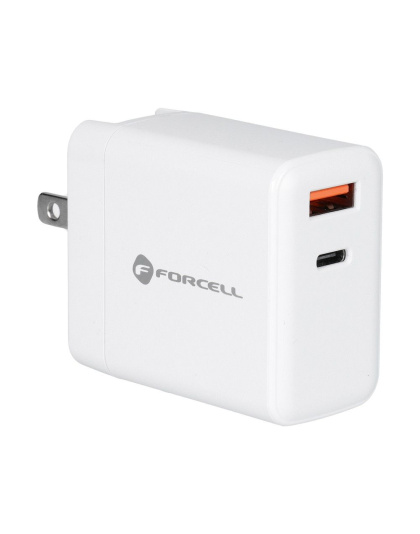 FORCELL F-ENERGY TFK-TC-45WPDAC ładowarka sieciowa 3w1 Typ C + USB A PD QC4.0 3A 45W z wymiennymi wtyczkami (EU / UK / US) biała